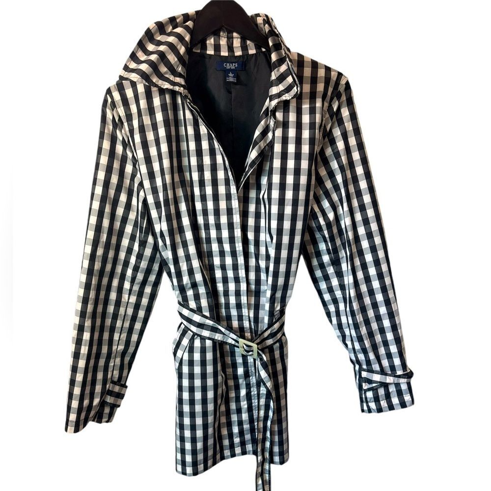 Chaps black white buffalo plaid checked patterned short trench Large staple
